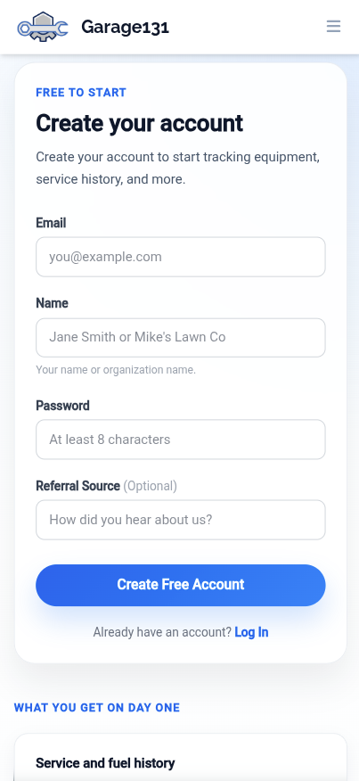 Garage131 signup screen on mobile
