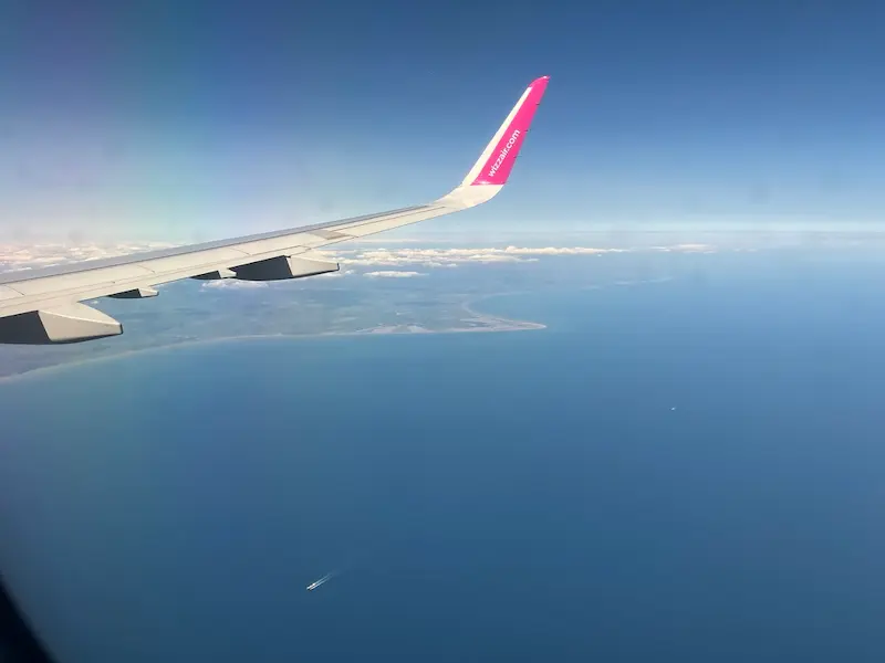 A view of the English Channel, taken from the window of an aeroplane