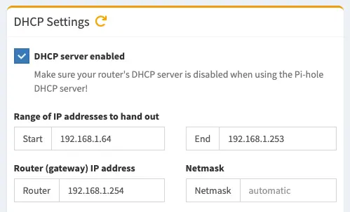 A screenshot of the DHCP settings from the Pi-hole configuration