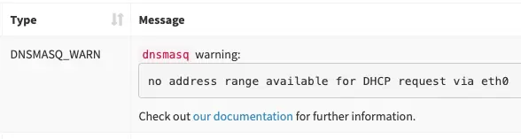 A screenshot of an error message from Pi-hole saying: no address range available for DHCP request via eth0.
