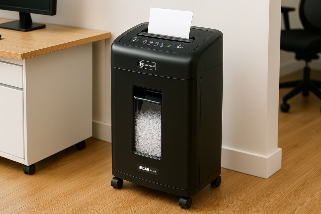compact paper shredder in a small office workspace