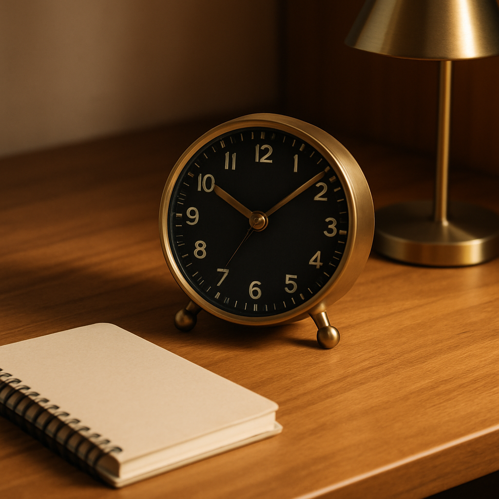 stylish desk clock on warm office desk