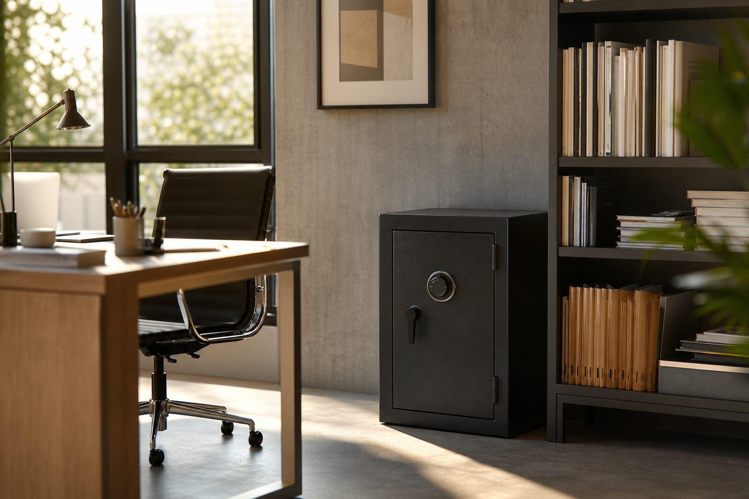 Compact office safe near organized documents