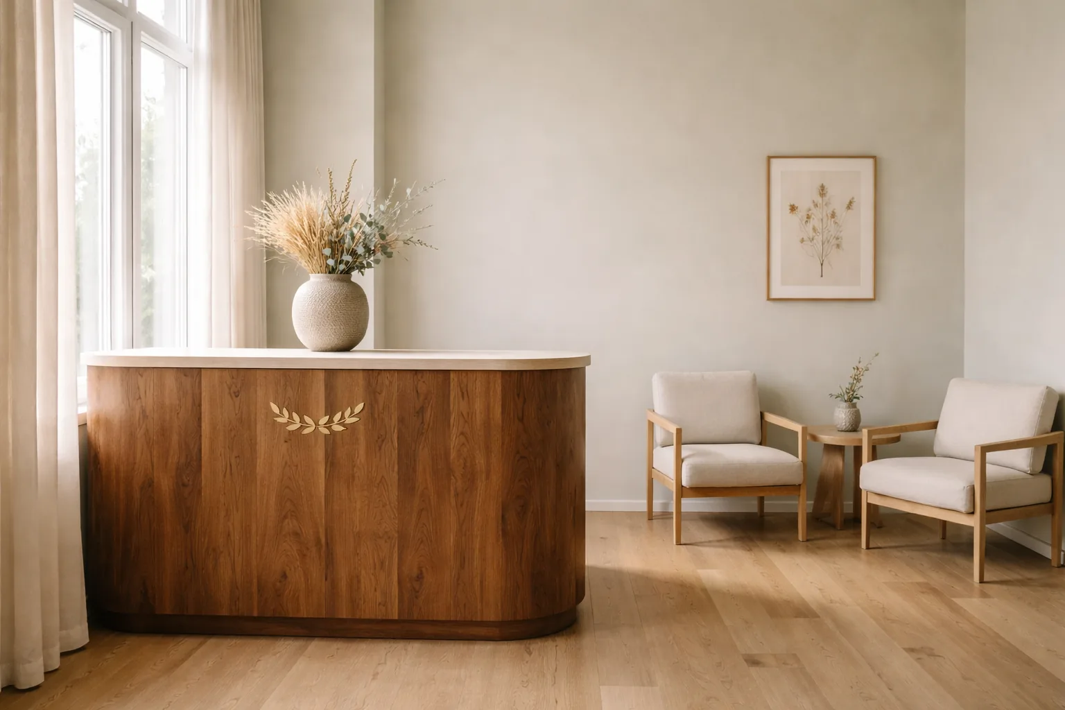 The clinic's warm, minimal reception space — a reclaimed-walnut desk and a ceramic vessel of dried wheat.