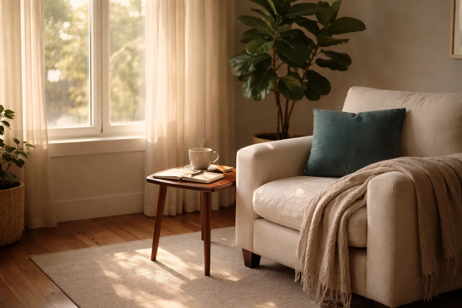 A warm, sunlit therapy office with a soft chair and journal.