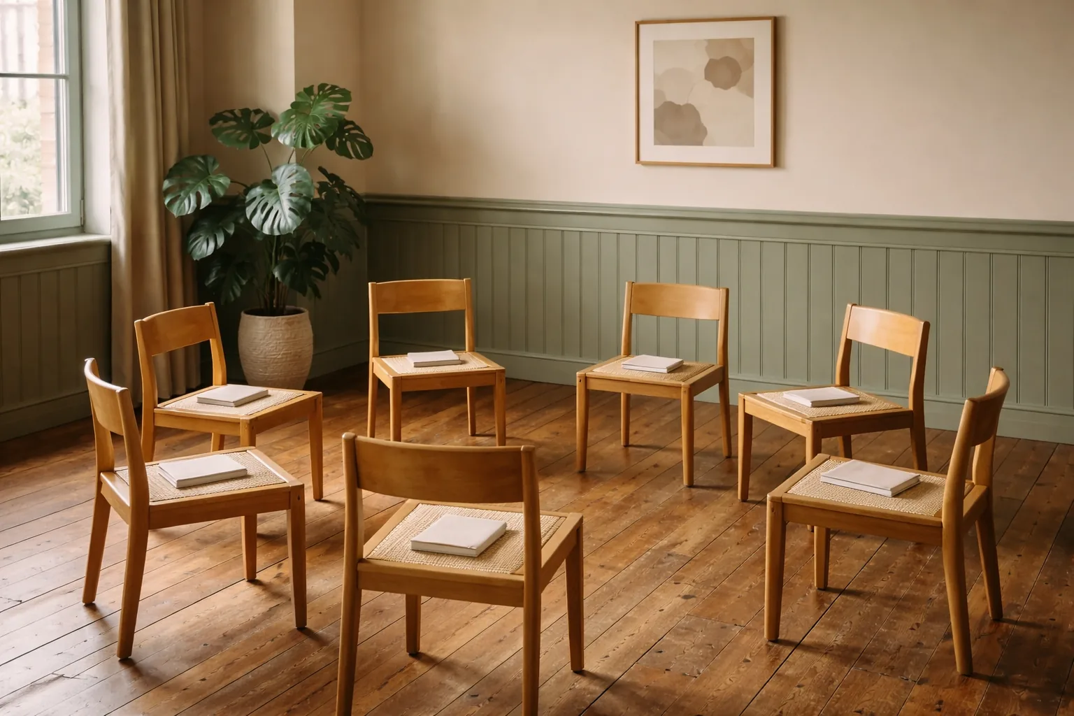 A quiet circle of chairs in a warm, wood-paneled classroom with soft window light.