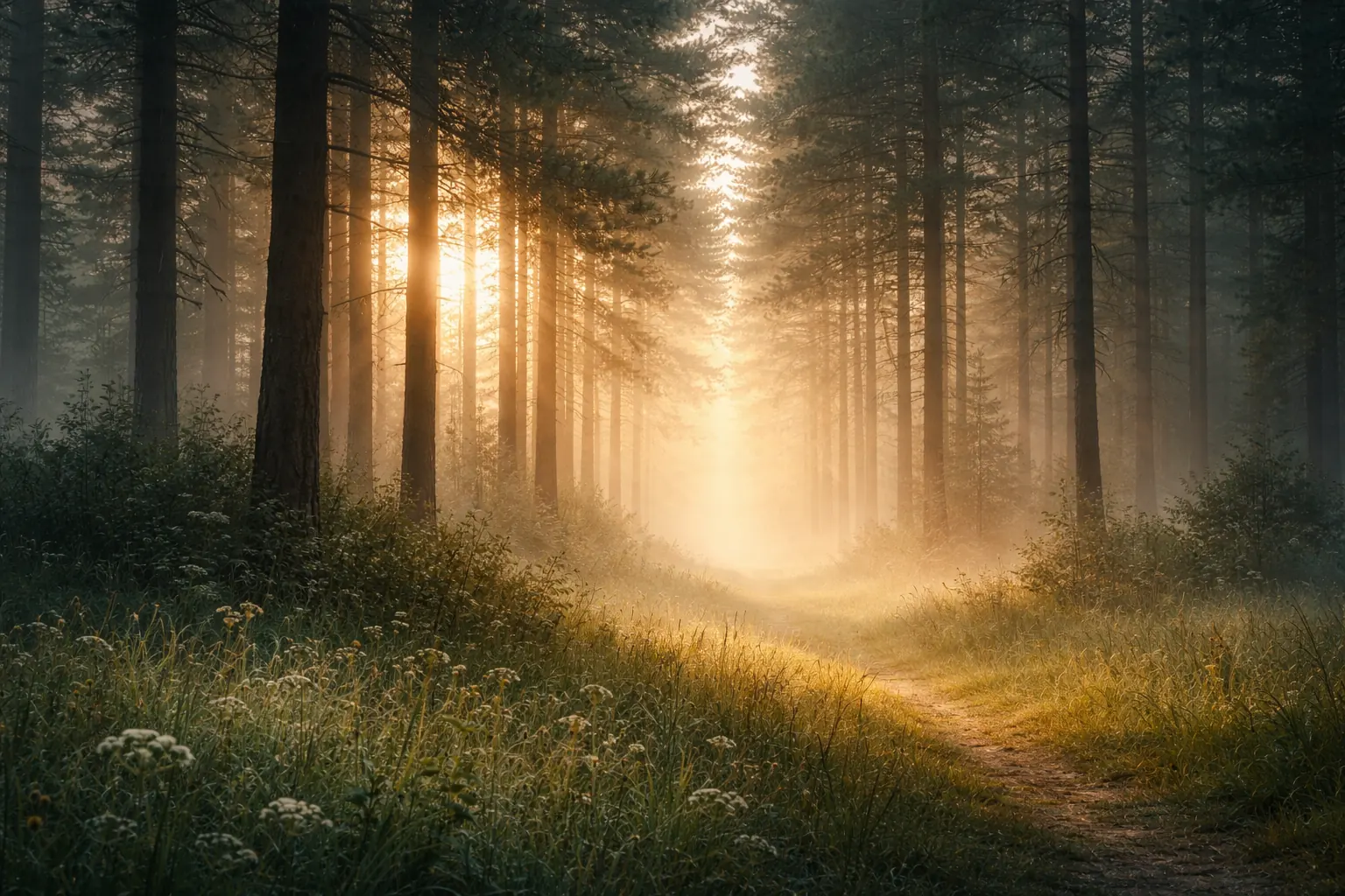 A quiet path through tall pines at dawn — the opening image of the treatment center.