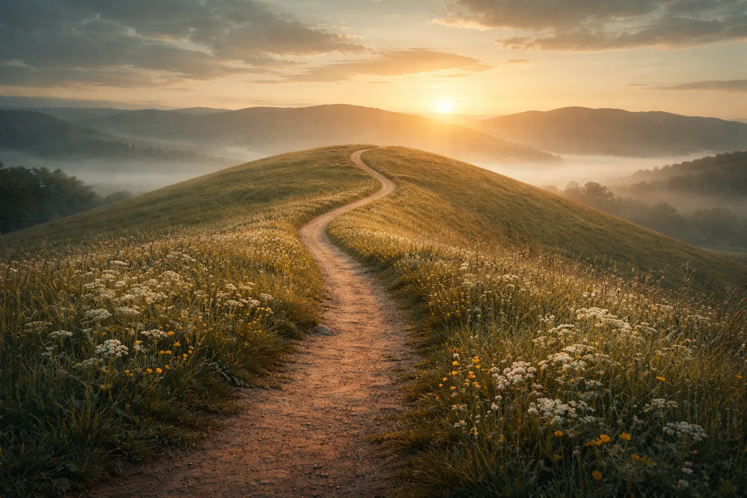A quiet forest path at dawn leading up a gentle slope.
