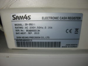 Brand : SAM4S ELECTRONIC CASH REGISTER
Model : ER-35011
S/N : B5AB900013K