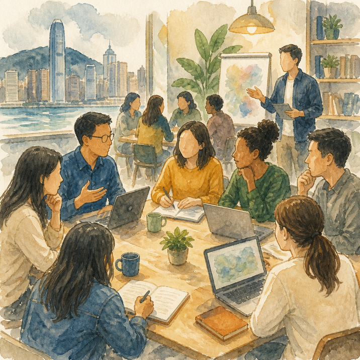 呈現三類目標用戶的溫暖水彩插畫：教會及事工團隊、非牟利機構同工、教育工作者