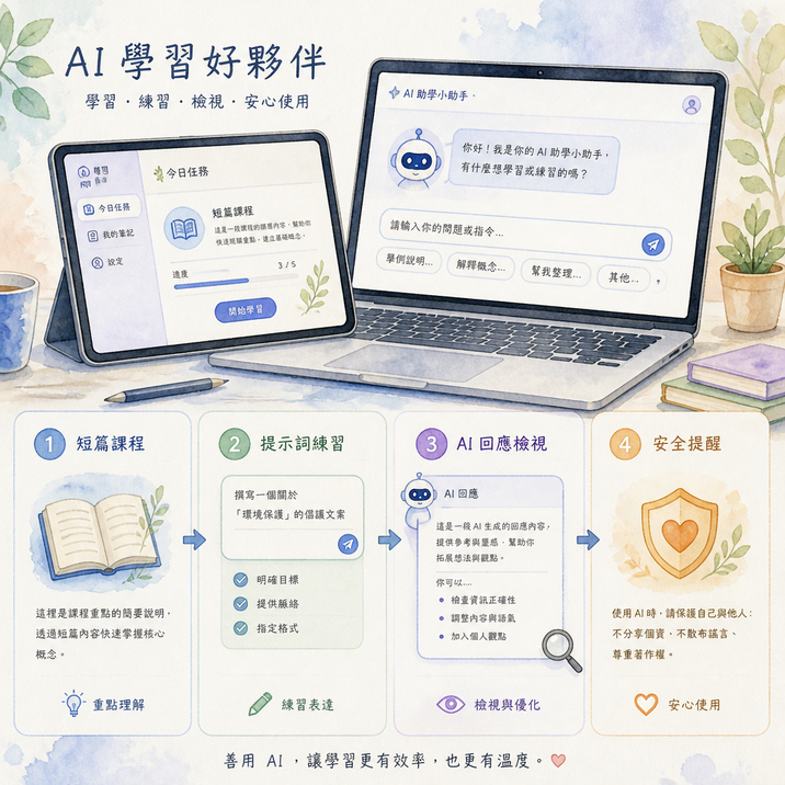 以溫暖親和的水彩插畫風格，展示平板或手提電腦的互動 AI 學習流程，包括短課堂、提示詞練習、AI 回答檢查及安全提醒