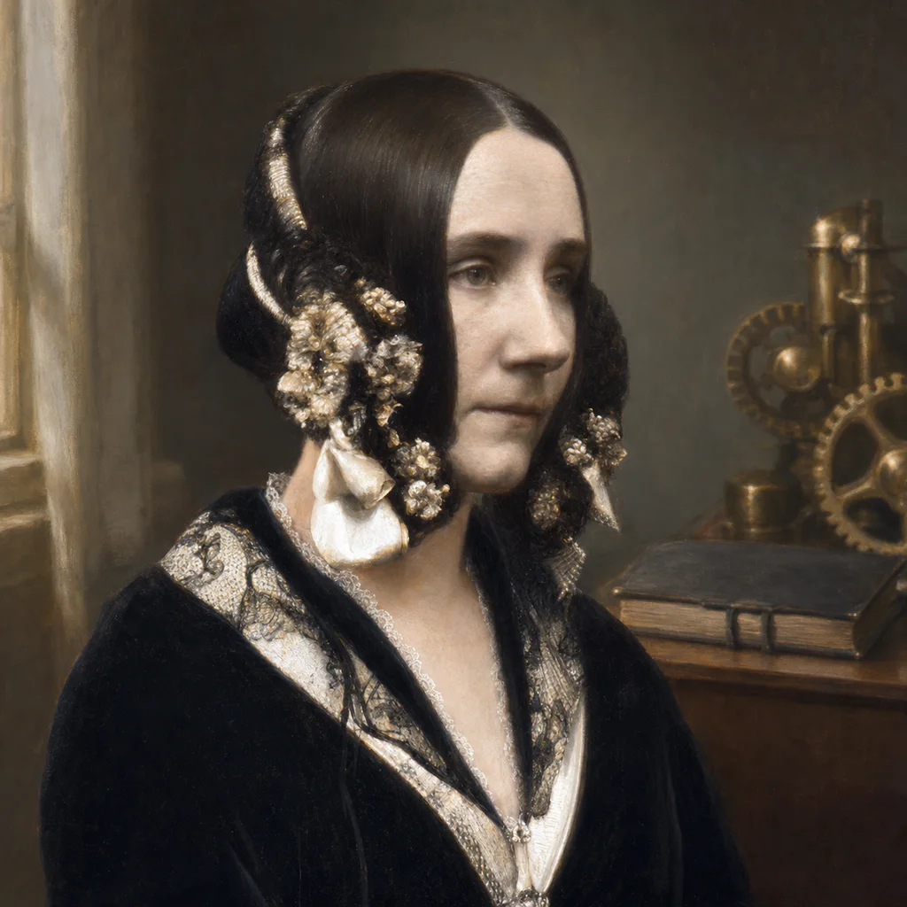 Illustrated portrait of Ada Lovelace in a dark Victorian dress with side curls and a lace collar.
