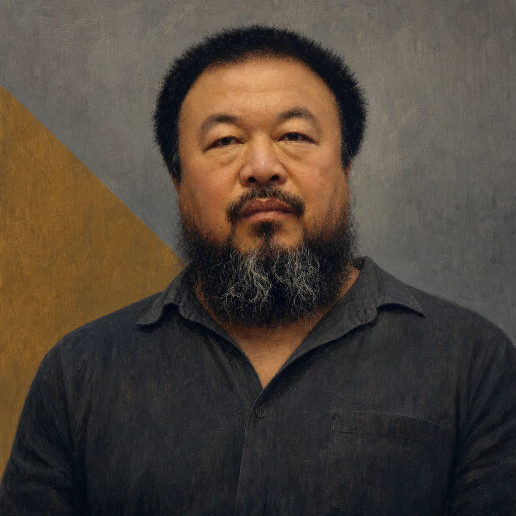 Editorial portrait illustration of Ai Weiwei with a graying beard against a spare gray-and-amber background.