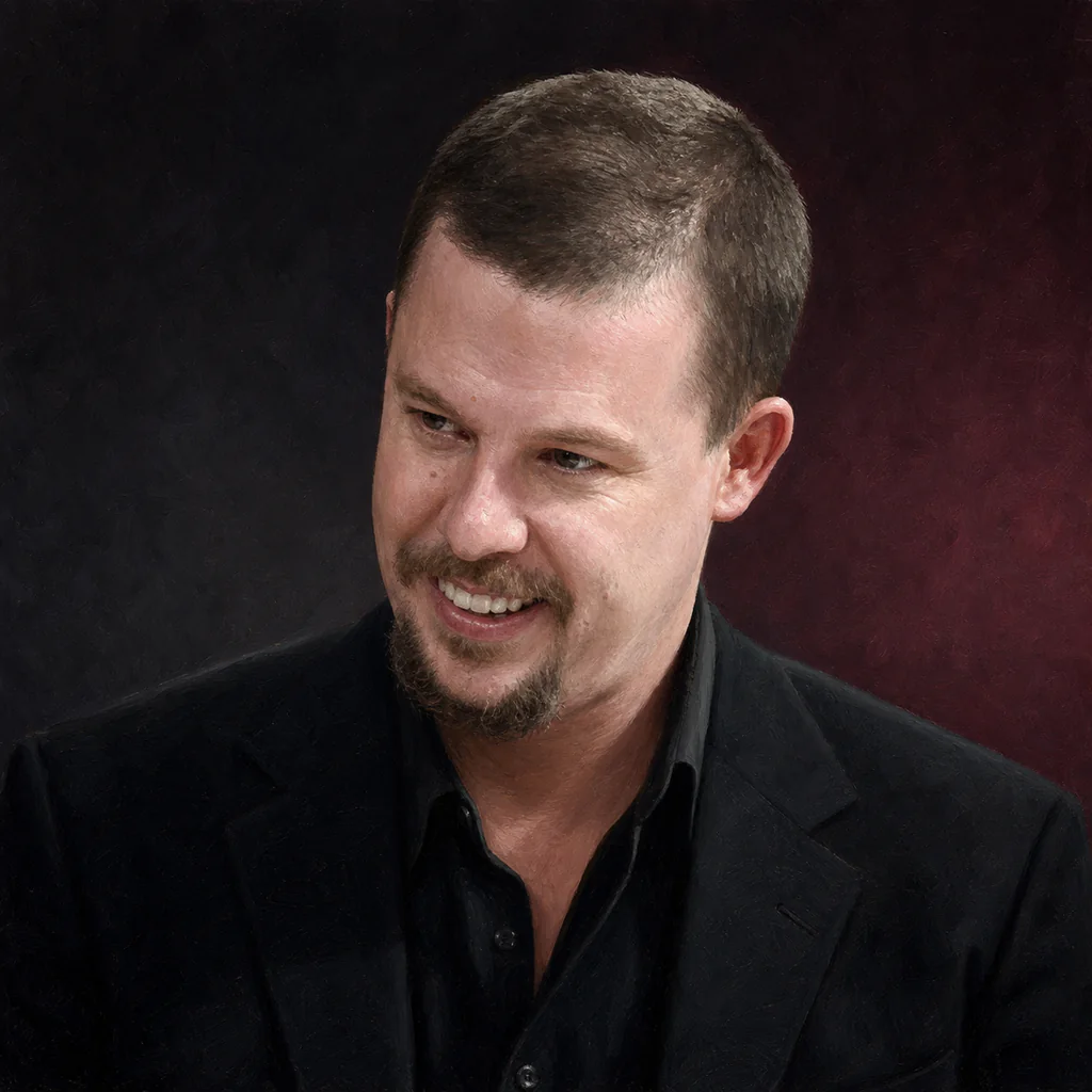 Editorial portrait illustration of Alexander McQueen in a black tailored jacket against a charcoal backdrop.
