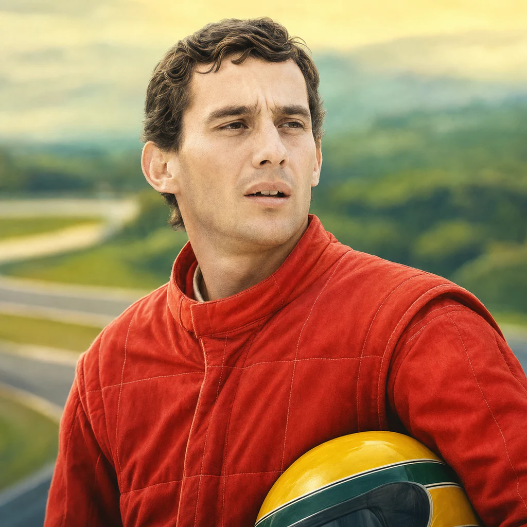 Ayrton Senna in a red racing suit holding a yellow helmet beside a rain-darkened track