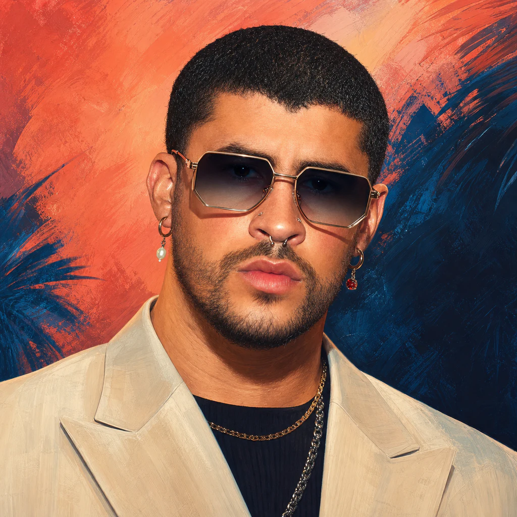 Bad Bunny in a cream jacket and small sunglasses against a vivid coral-and-blue studio backdrop inspired by Puerto Rico