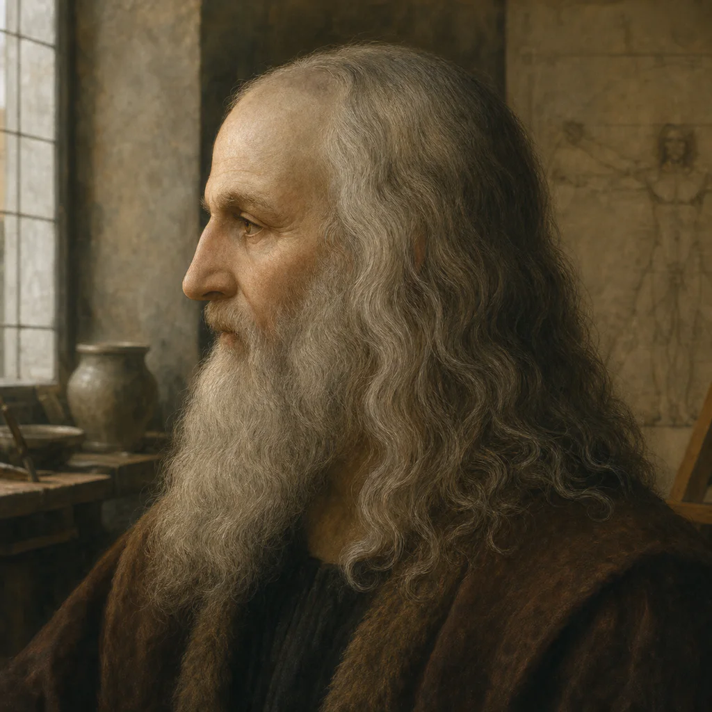 Illustrated portrait of Leonardo da Vinci with long gray hair and a beard in a Renaissance workshop.