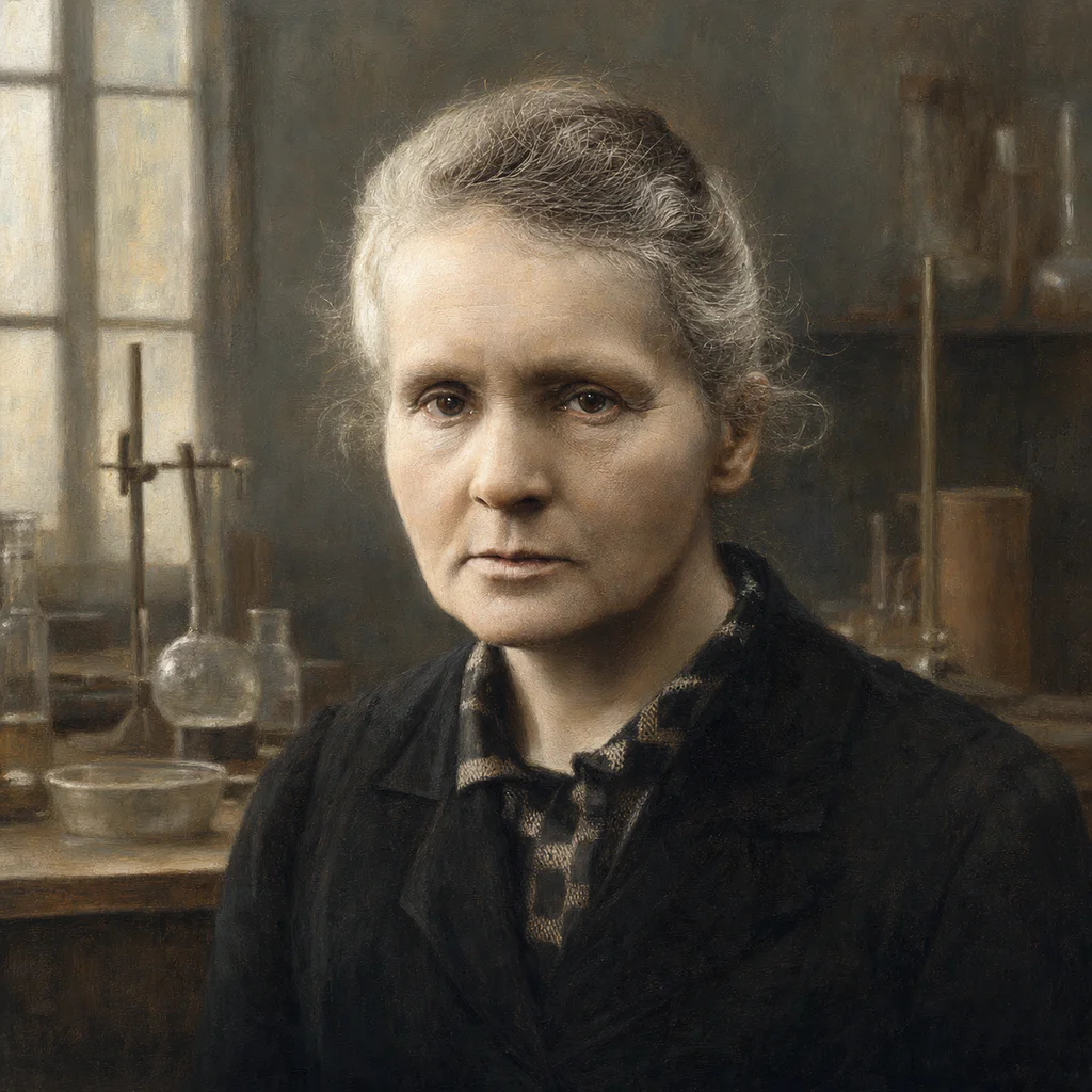 Illustrated portrait of Marie Curie with swept-back hair and a dark jacket in her laboratory.