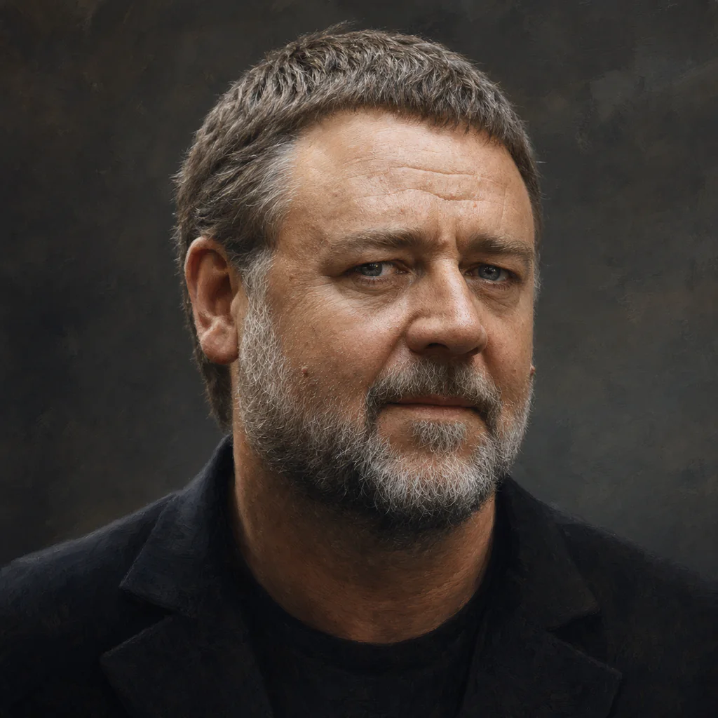 Editorial portrait illustration of Russell Crowe with a graying beard against a dark studio background.