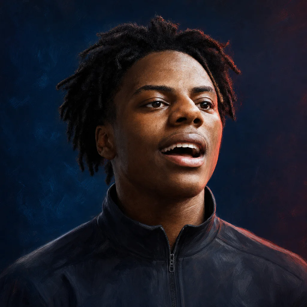 Editorial portrait illustration of IShowSpeed with short locs and a composed expression against a midnight-blue background.