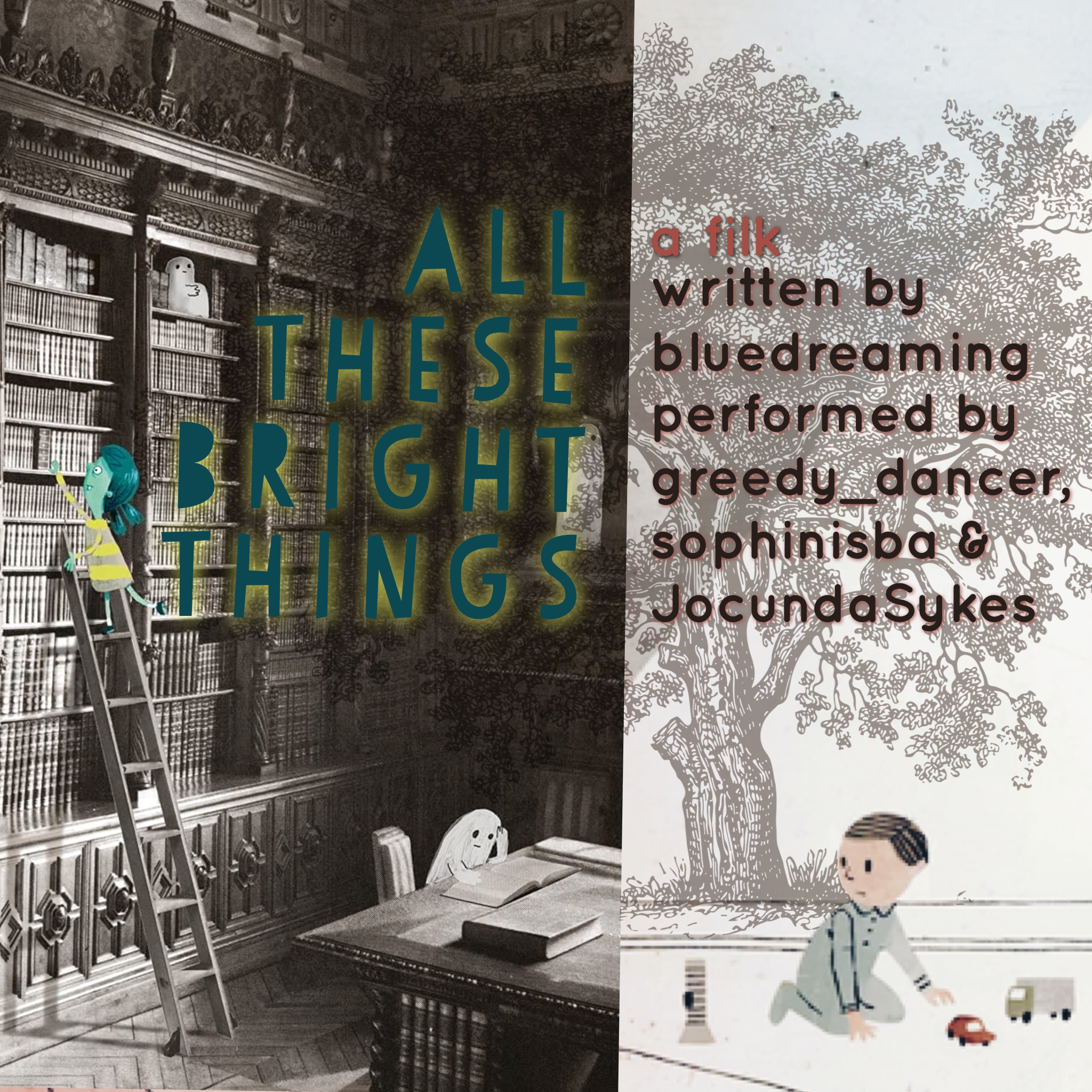 illustrations from the canon picture books are a young girl and ghosts in a library and a young boy playing. There's a tree overlaying both.