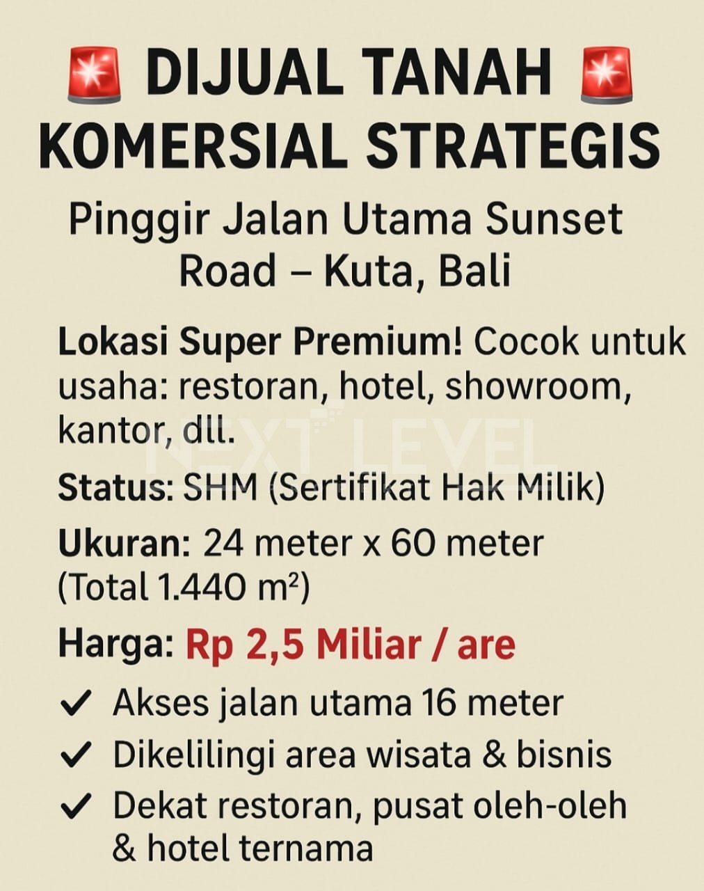 DIJUAL TANAH STRATEGIS 14 ARE PINGGIR JALAN UTAMA SUNSET ROAD KUTA