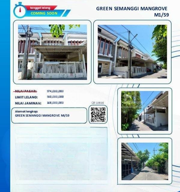 Lelang Cash /KPR Bank BTN Rumah di Green Semanggi Mangrove Surabaya  