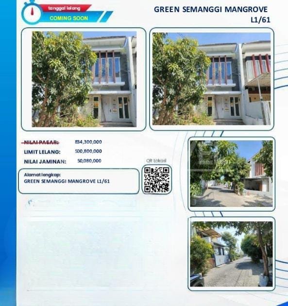 Lelang Cash/KPR Bank BTN Rumah di Green Semanggi Mangrove Surabaya 