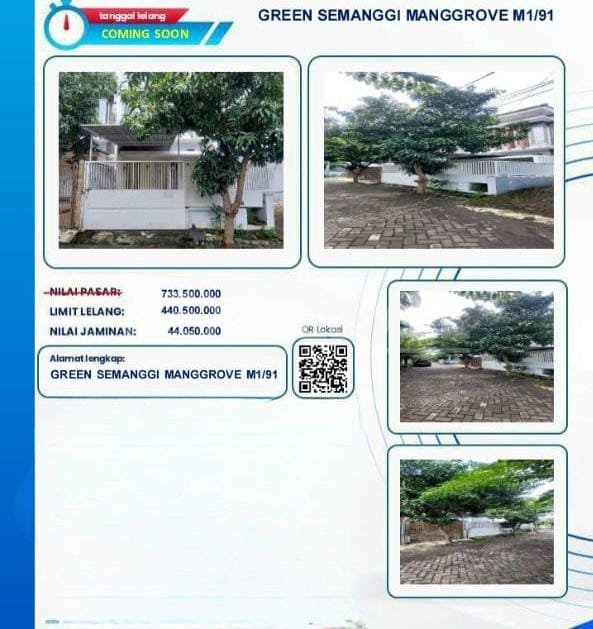 Lelang Cash/ KPR Bank BTN Rumah di Green Semanggi Mangrove Surabaya 