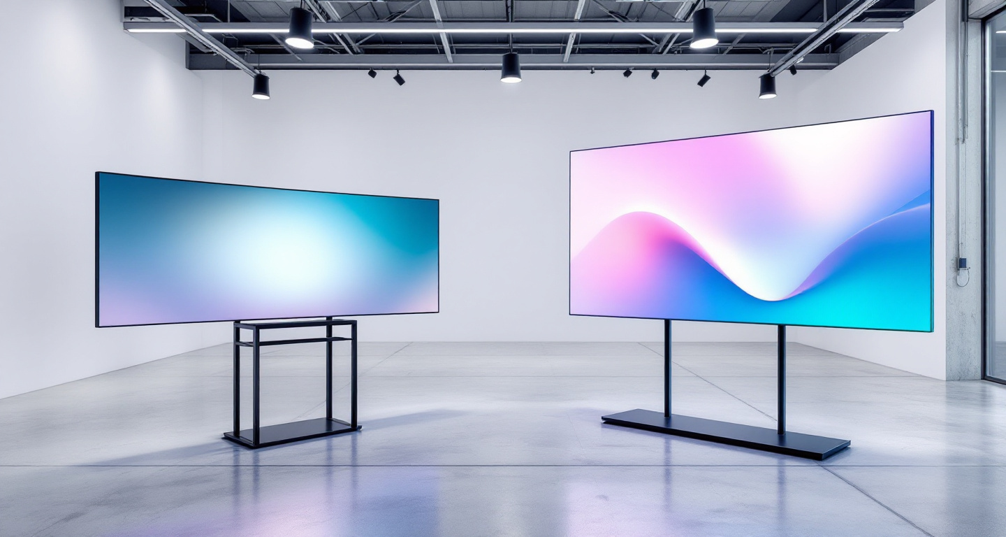 A curved display and a transparent display panel showing abstract gradients in a gallery space