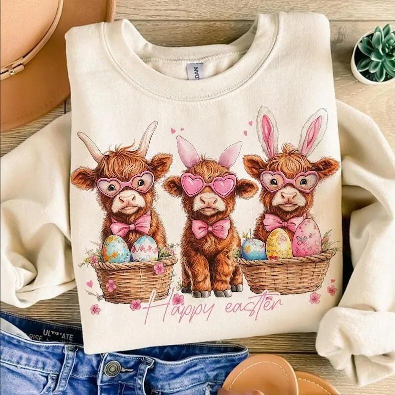 Happy Easter Highland Cow Sweatshirt &hellip;
