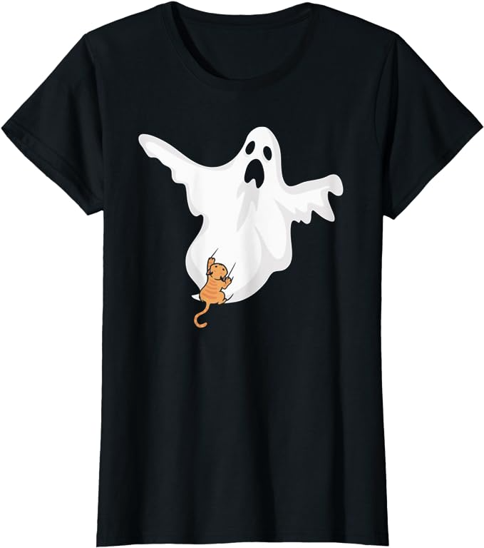 Scared Cat Climbing Ghost T-Shirt …