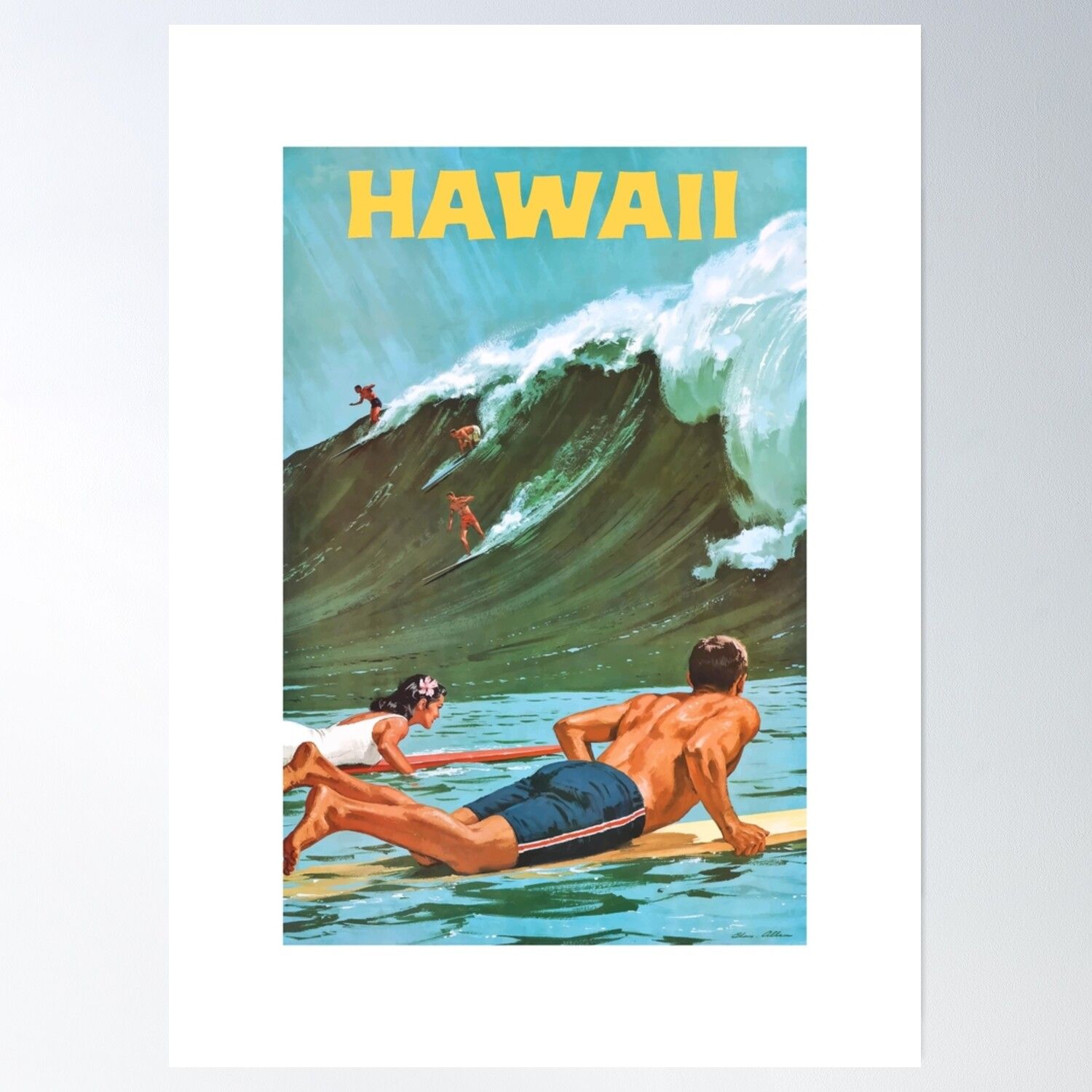 Retro Big Wave Surfing Poster, Ocean …