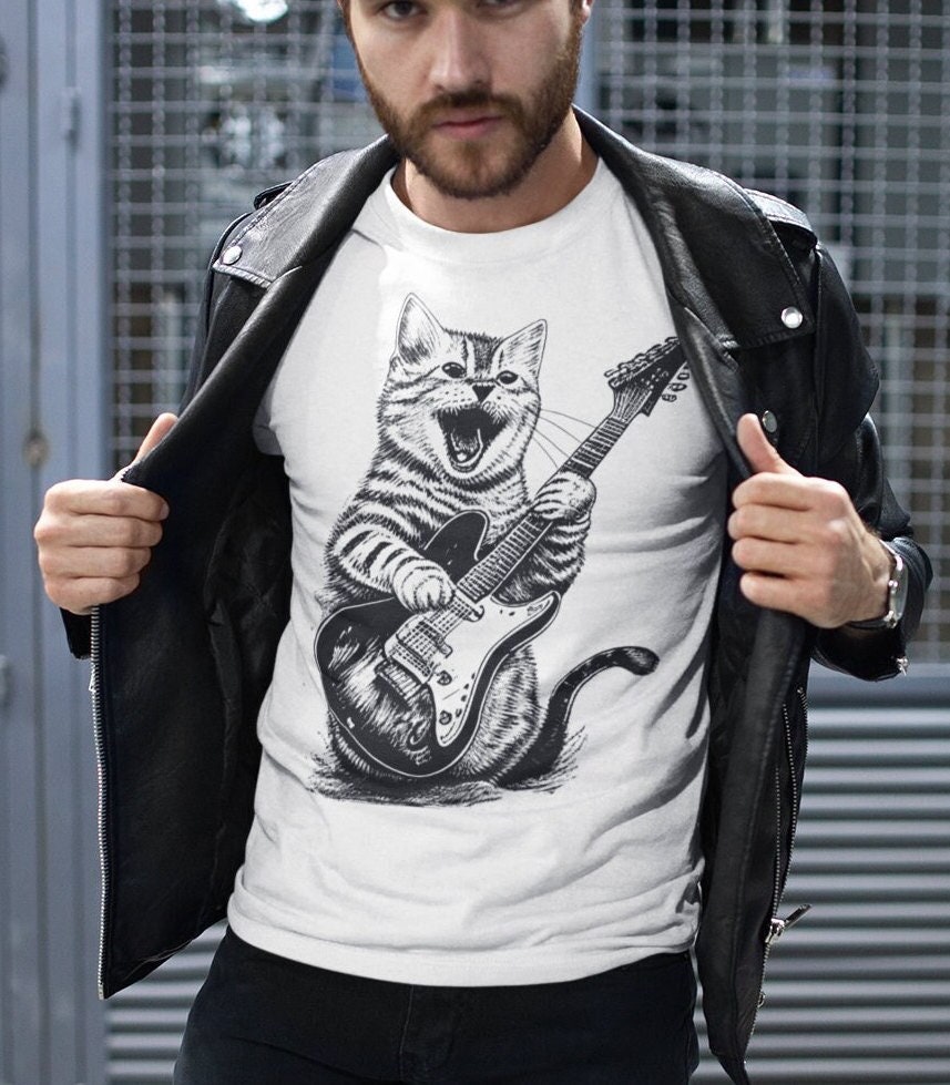 Guitar-Strumming Cat T-Shirt for Men &hellip;