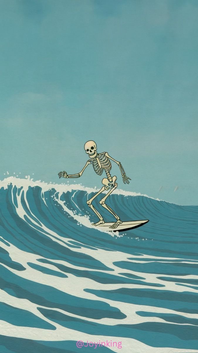 Skeleton Surfing Poster, Funny Retro …