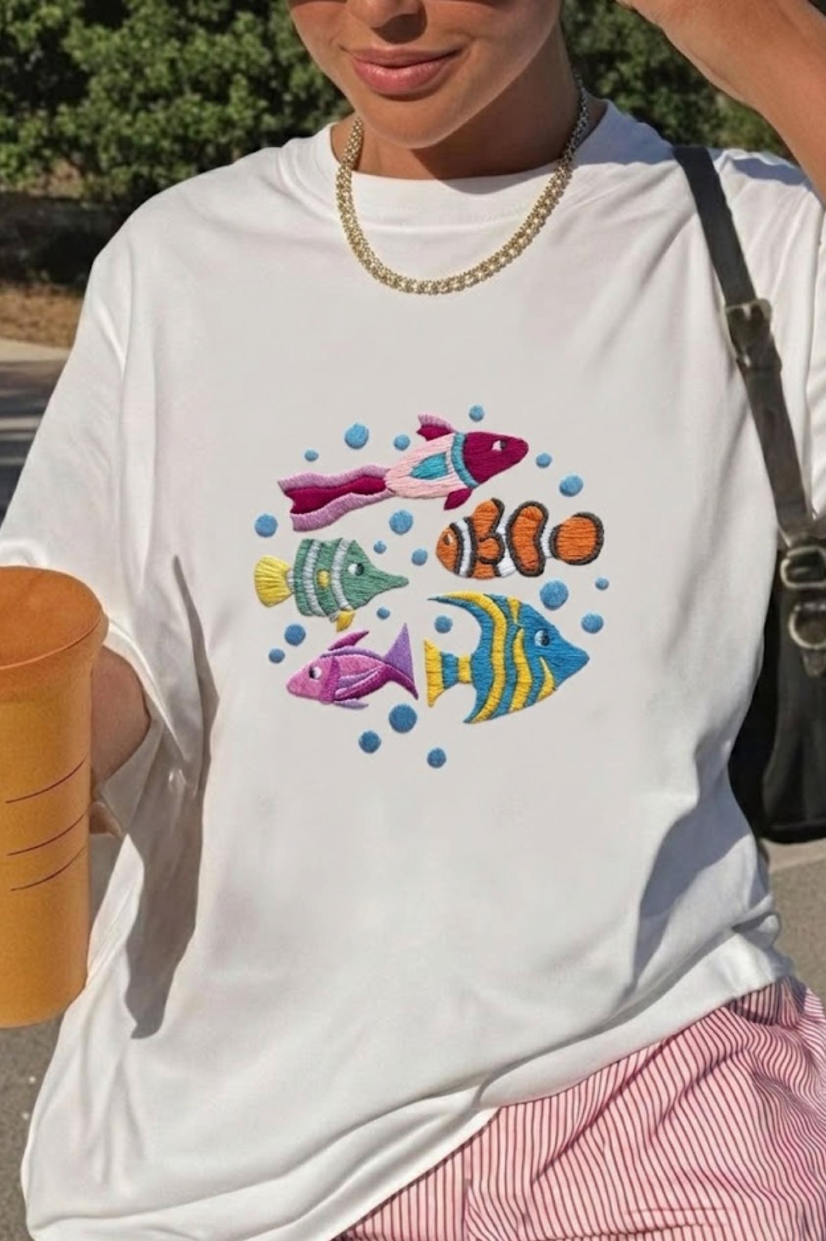 Colorful Fish Embroidered T-Shirt, O &hellip;