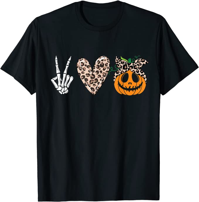 Peace Love Pumpkin Skeleton Hand T-S …