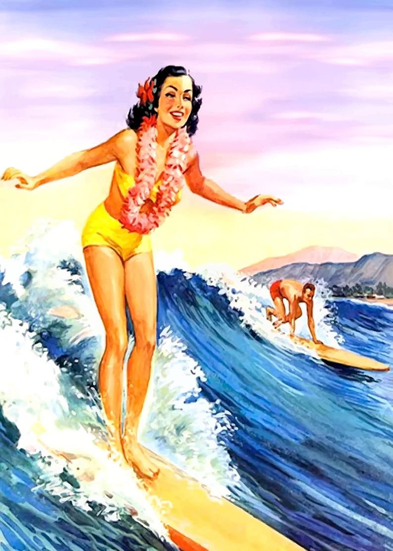 Vintage Female Surfer Poster, Retro …
