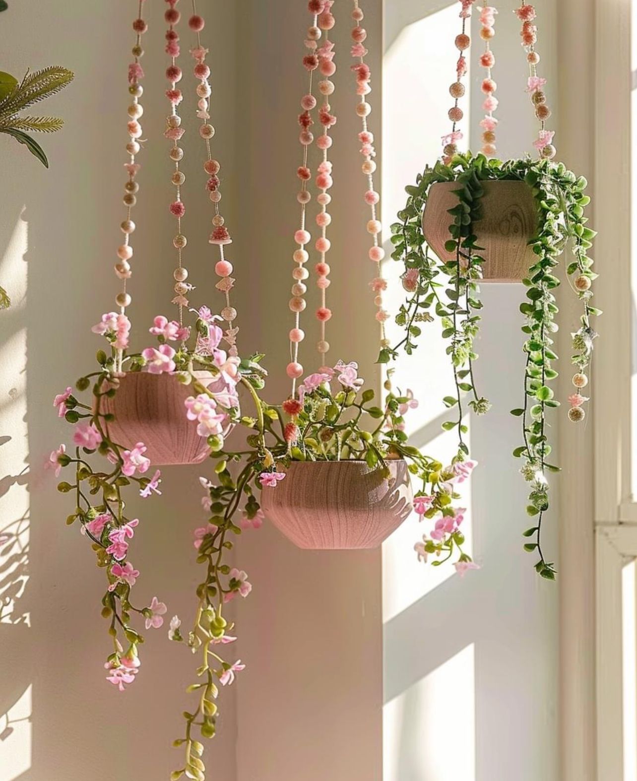 Plant Hanging Wall Decor, Pink Hanging Plants, Hanging Plant With Flowers, Aesthetic Room Decor Accessories, Hanging Plants Inspo