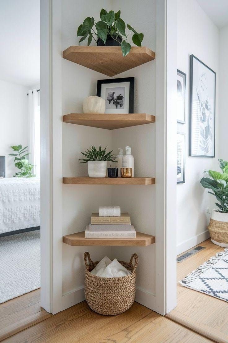 Floating Corner Wooden Shelves with LED Light | Minimal Wall Shelf | Modern Corner Shelf Set