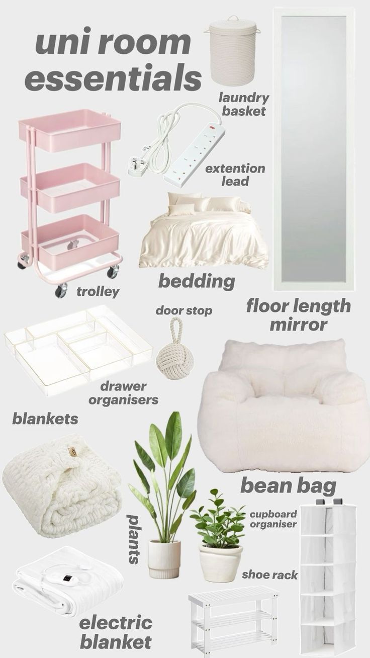 Dorm Room Setup Ideas, How To Organize A Uni Room, Minimalist Uni Room Decor, Pastel Dorm Room Essentials, Uni Room Essentials Collage