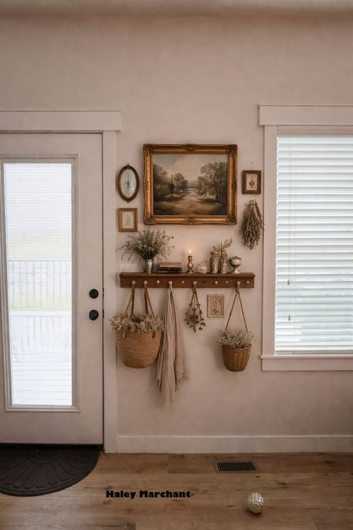 Wall By Door Decor, Home Wall Decoration Ideas, Gallery Wall Ideas Hallway Entryway, Old Fashion House Decor, Meemaw House Decor, 1st Home Decor Ideas, Vintage House Ideas Interior Design, Decor By Front Door Inside, Next To Front Door Decor Inside