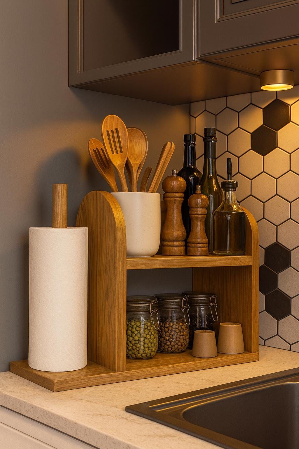 Wooden Kitchen Organizer Shelf: Rustic Spice Rack & Paper Towel Holder