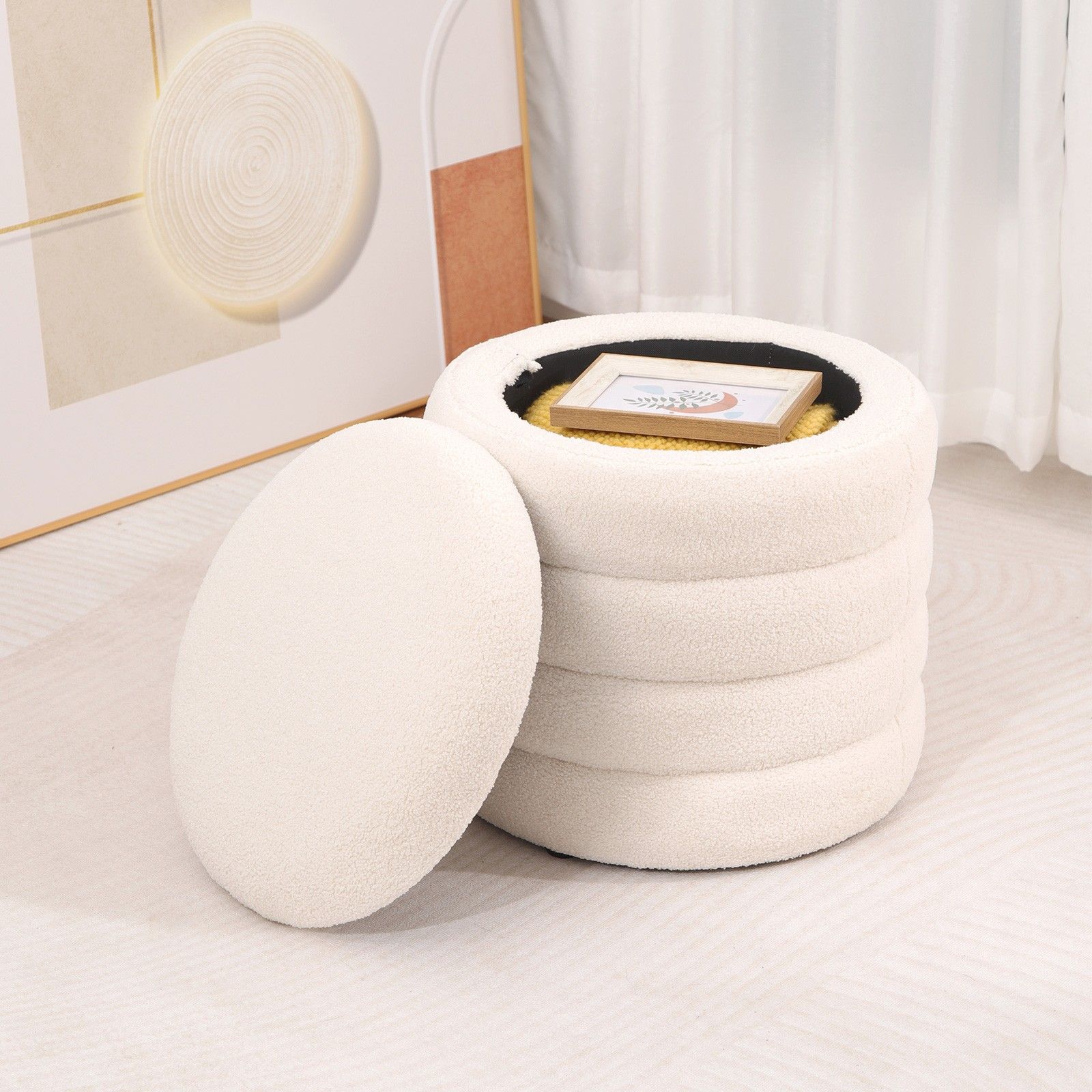 Modern Round Storage Ottoman Coffee Table Padded Sherpa Footstool Padded Seat