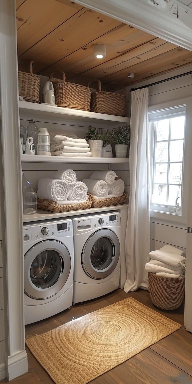 Compact Laundry Space Organization, How To Organize A Small Laundry Area, Laundry Room Storage Ideas, Rustic Laundry Room Décor