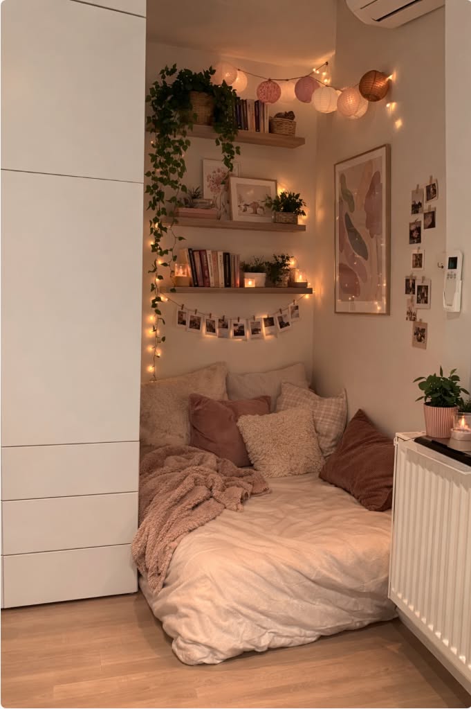 a cozy, small-space bedroom decorated with a warm, aesthetic design incorporating fairy lights