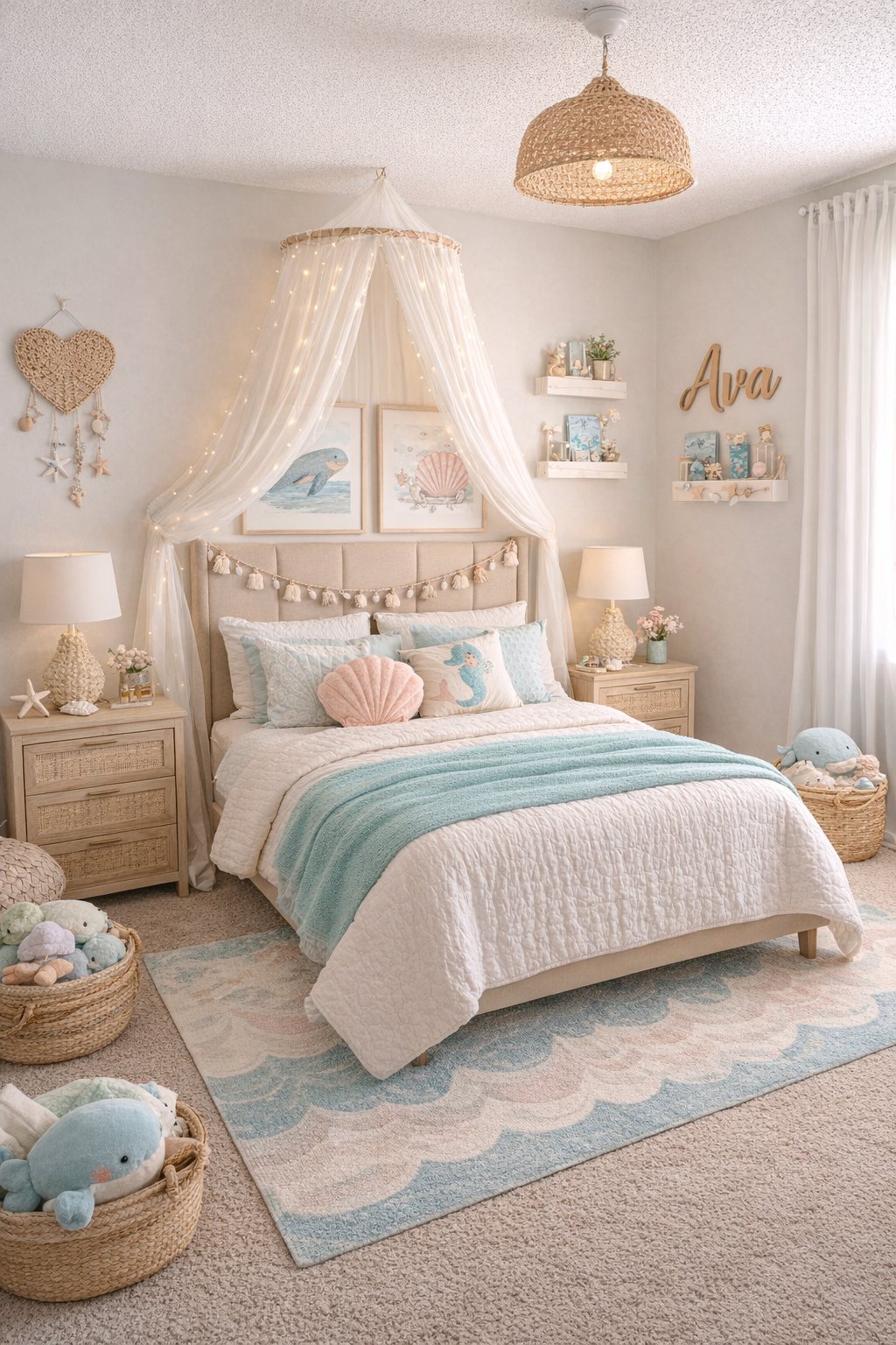 Cute Beach Themed Rooms, Girls Room Furniture Ideas, Cute Room Ideas Beachy, Kids Bedroom Ideas Girl, Ocean Themed Bedding, Ocean Theme Girls Room