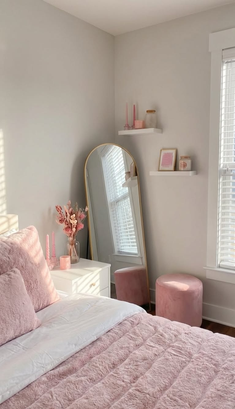 Wall Curtains For Bedroom, Snug Bedroom Ideas, Bedroom Decor College, Pink And White Themed Room, Light Pink Bedroom Décor