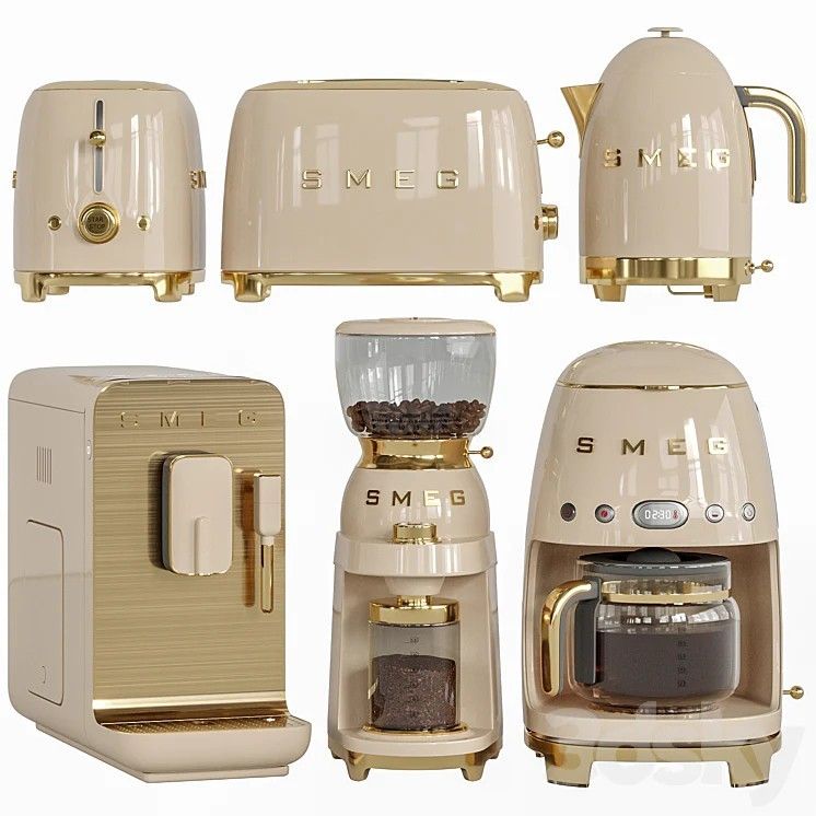Cute Coffee Maker Design, Cream And Gold Appliances, Beige Kitchen Appliances, Beige Kitchen Appliance Decor, Gold Toaster Aesthetic, Luxury Coffee Machine Ideas