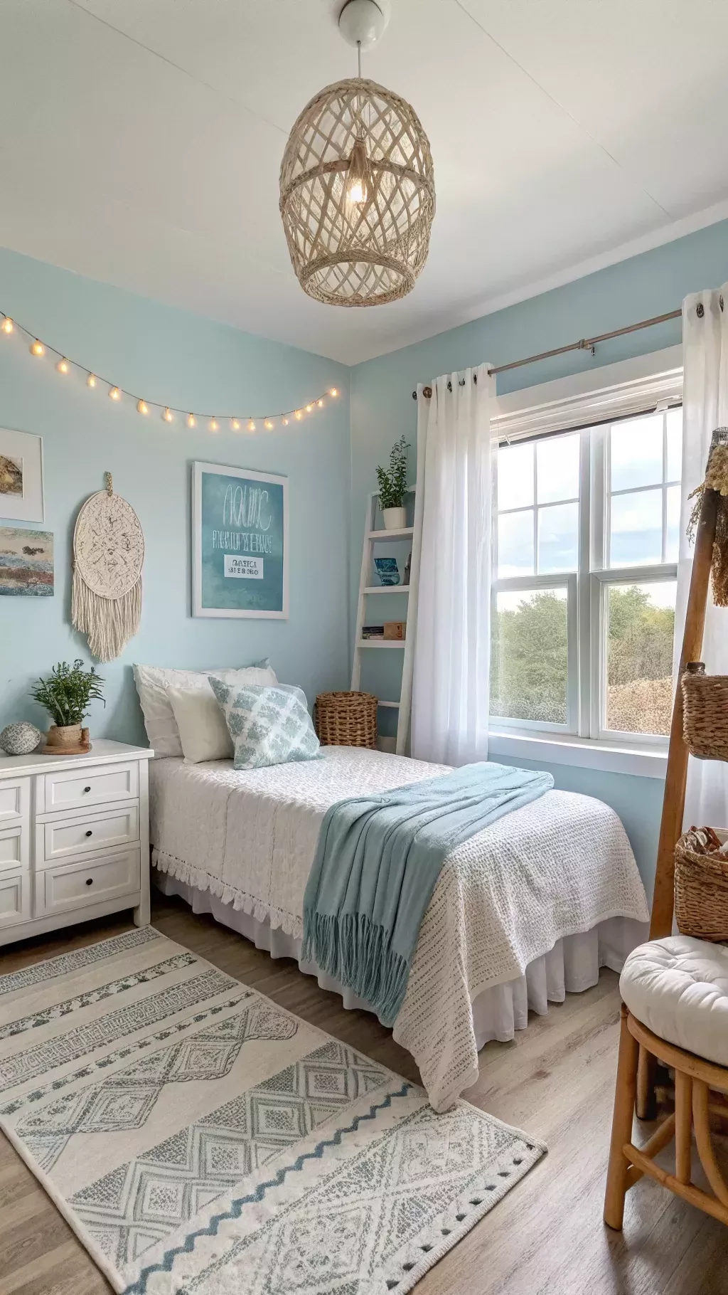 Room Ideas With Light Blue Walls, Blue Boho Room Decor, Blue Boho Dorm Room, Light Blue Room Ideas, Blue Boho Room Ideas, Pastel Blue Room Ideas